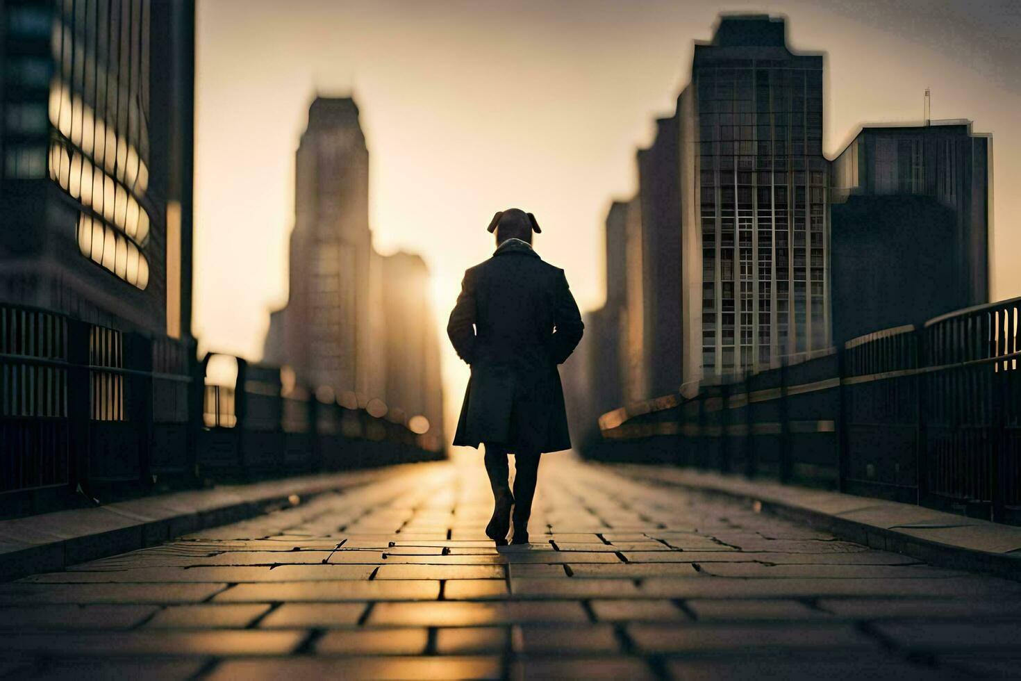 a man walking down a city street at sunset. AI-Generated photo