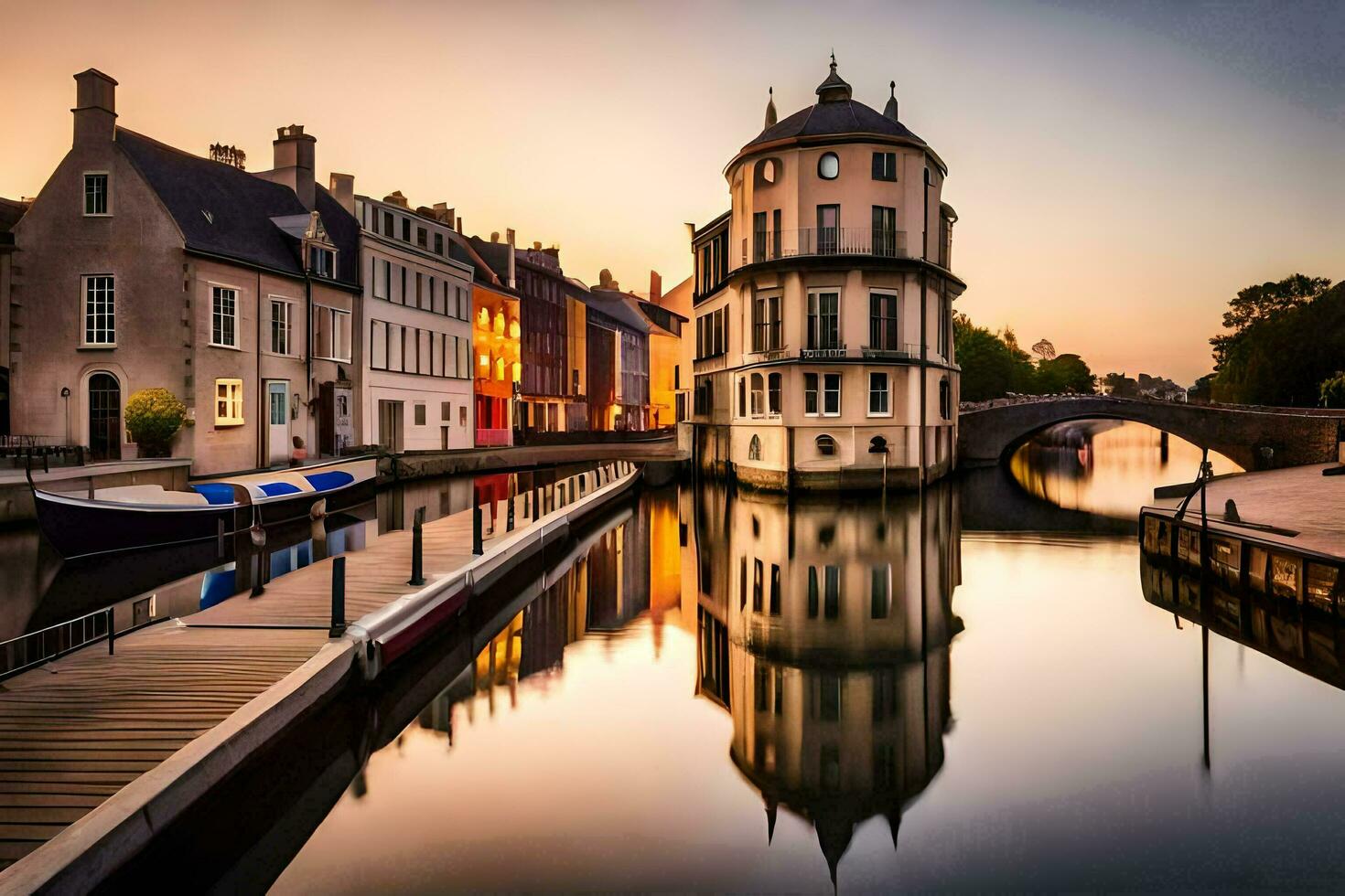 un canal en el medio de un ciudad con edificios y barcos generado por ai foto