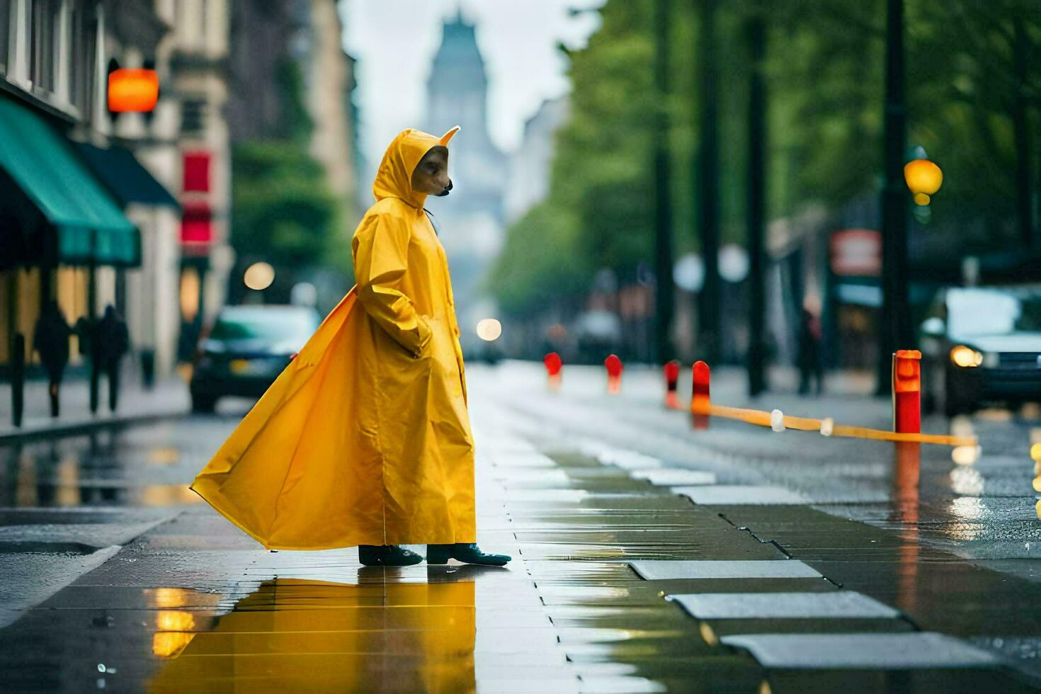 a person in a yellow raincoat standing on a wet street. AI-Generated photo