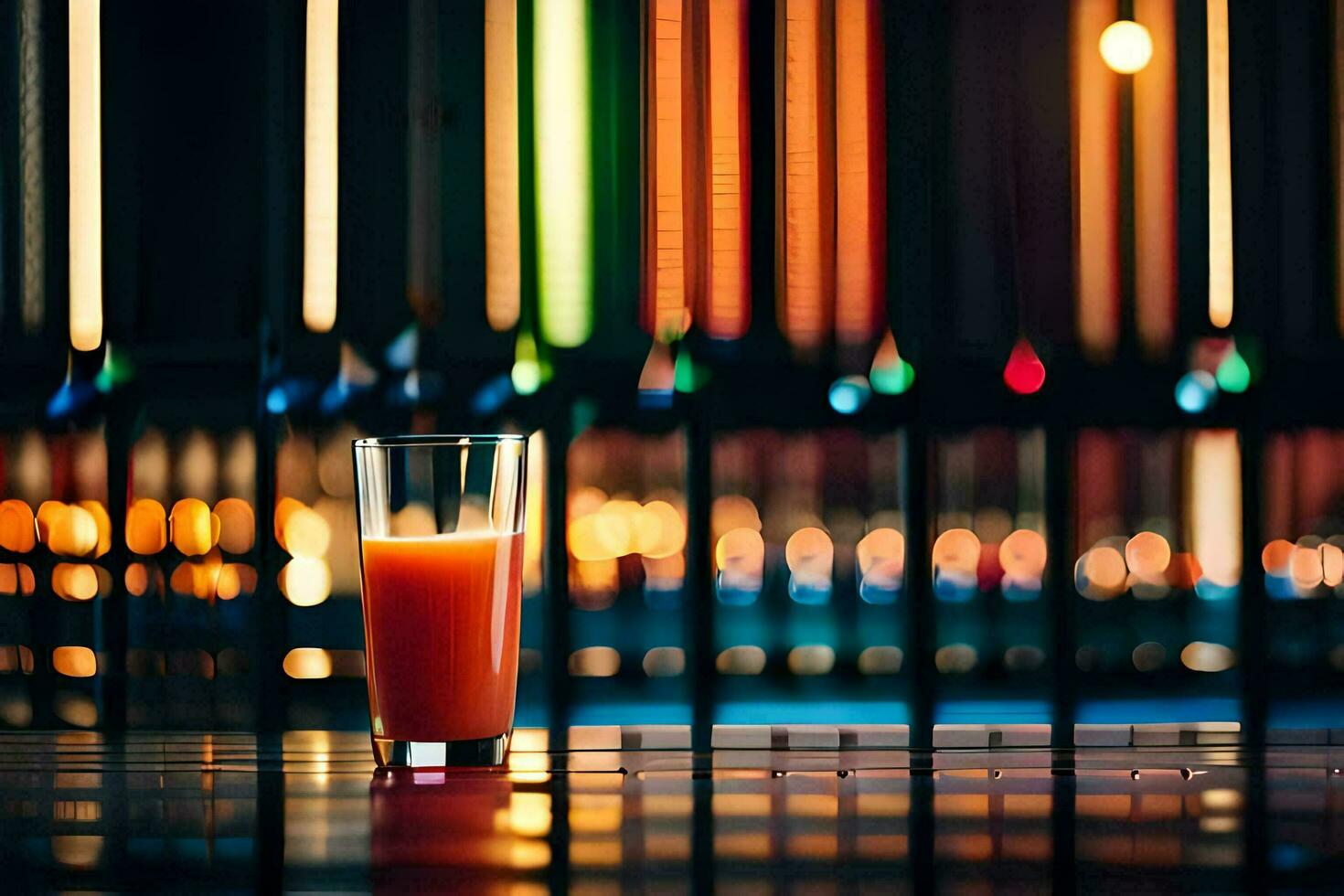 a glass of orange juice sitting on a table in front of a colorful background. AI-Generated photo