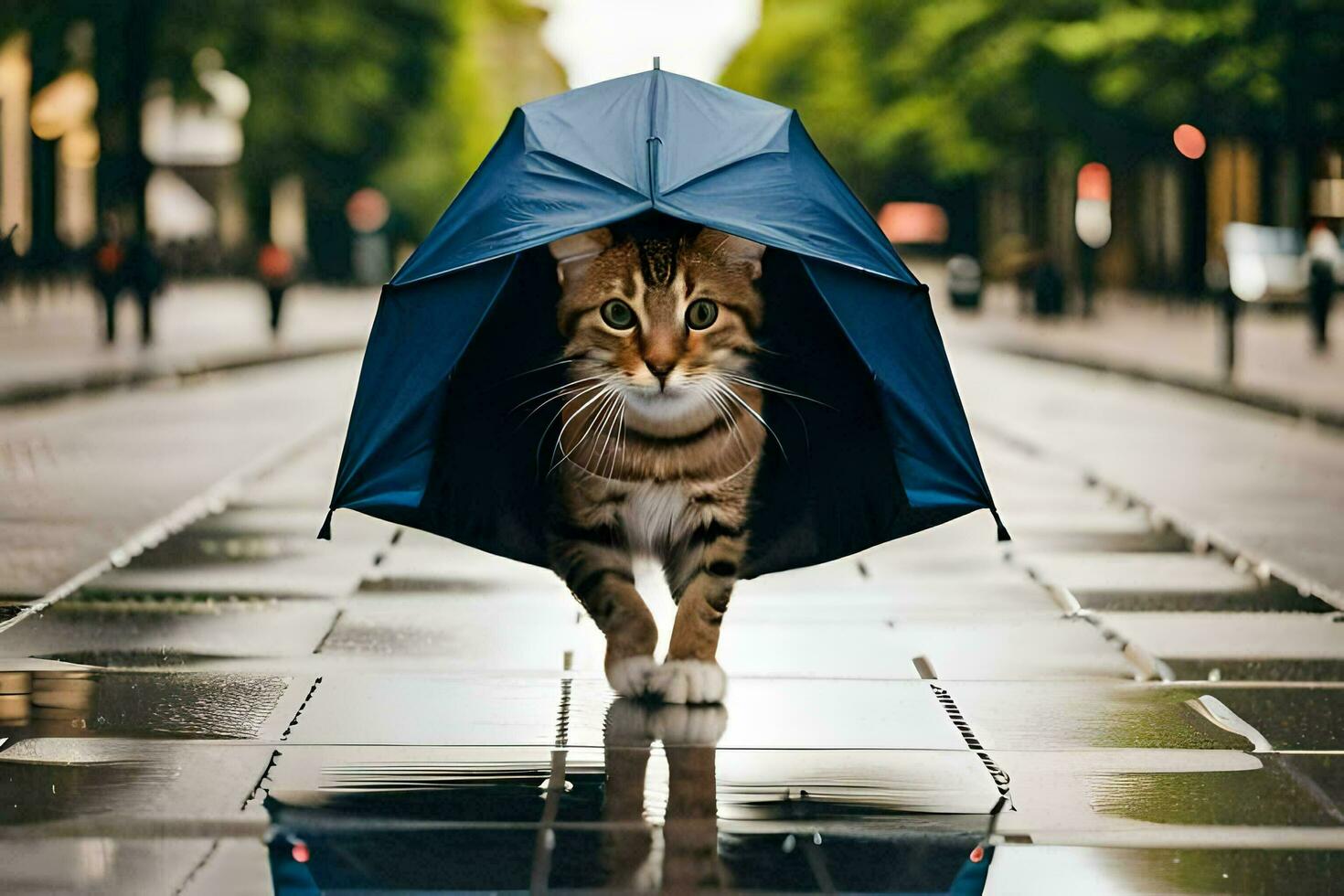 a cat walking under an umbrella on a rainy day. AI-Generated photo