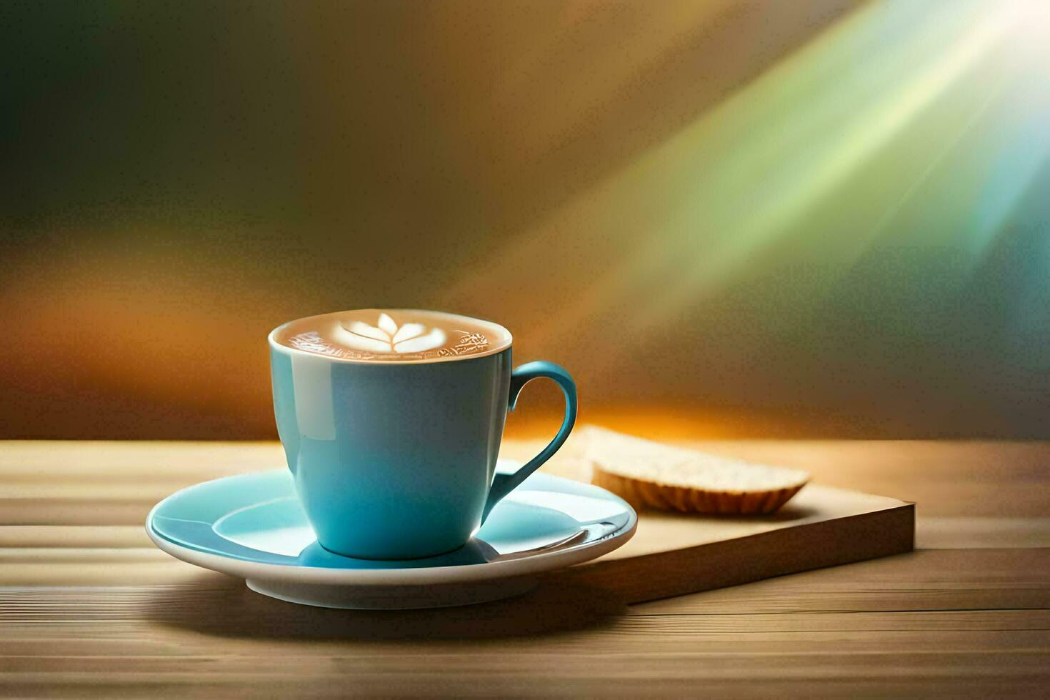 a cup of coffee with a slice of bread on a wooden table. AI-Generated photo