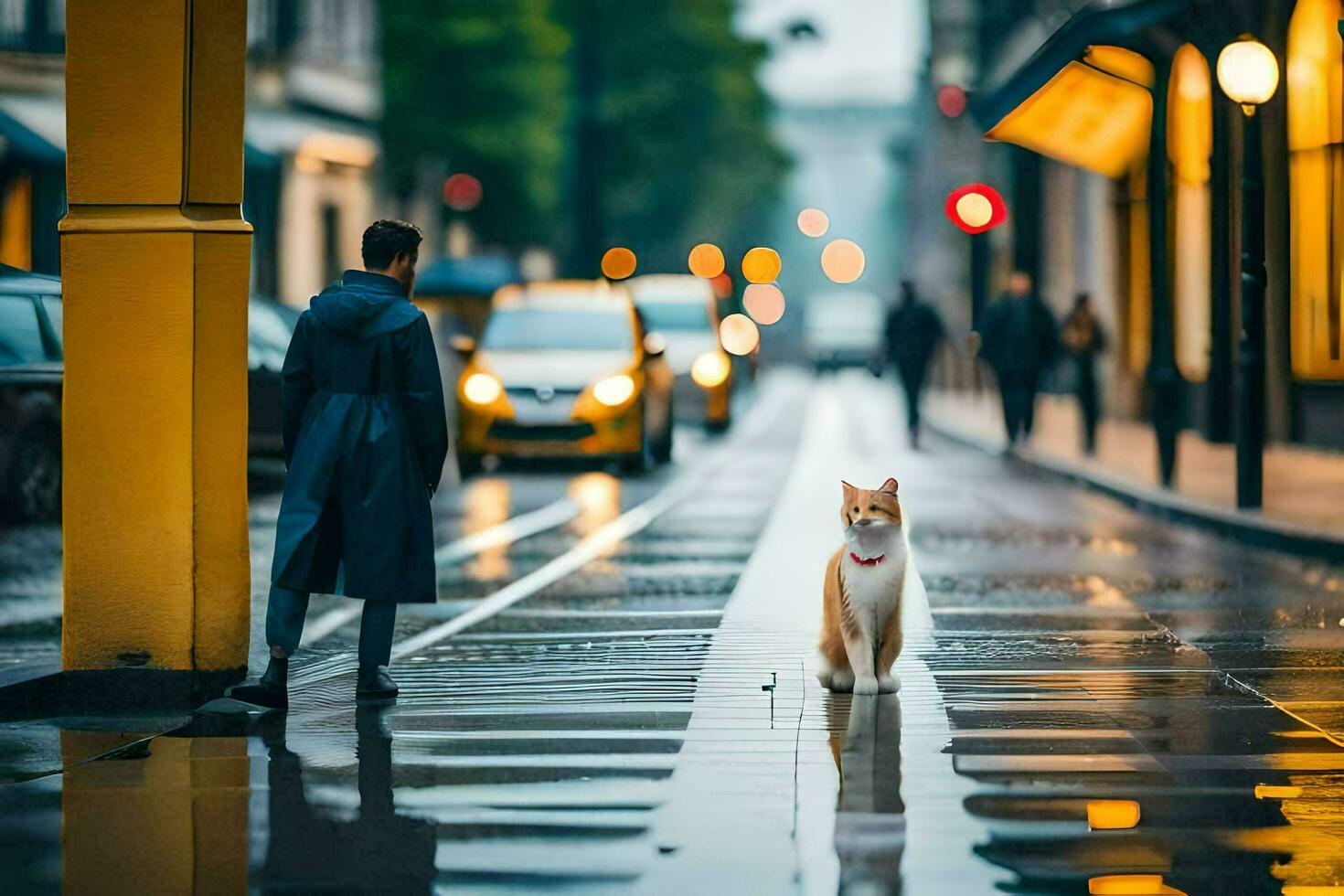 un persona y un gato caminando abajo un mojado calle. generado por ai foto