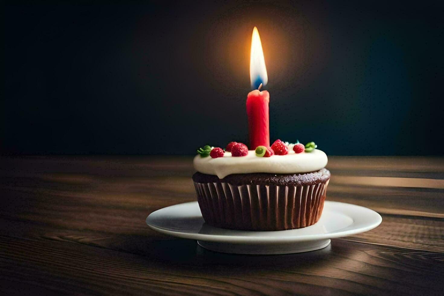 a cupcake with a lit candle on top. AI-Generated photo