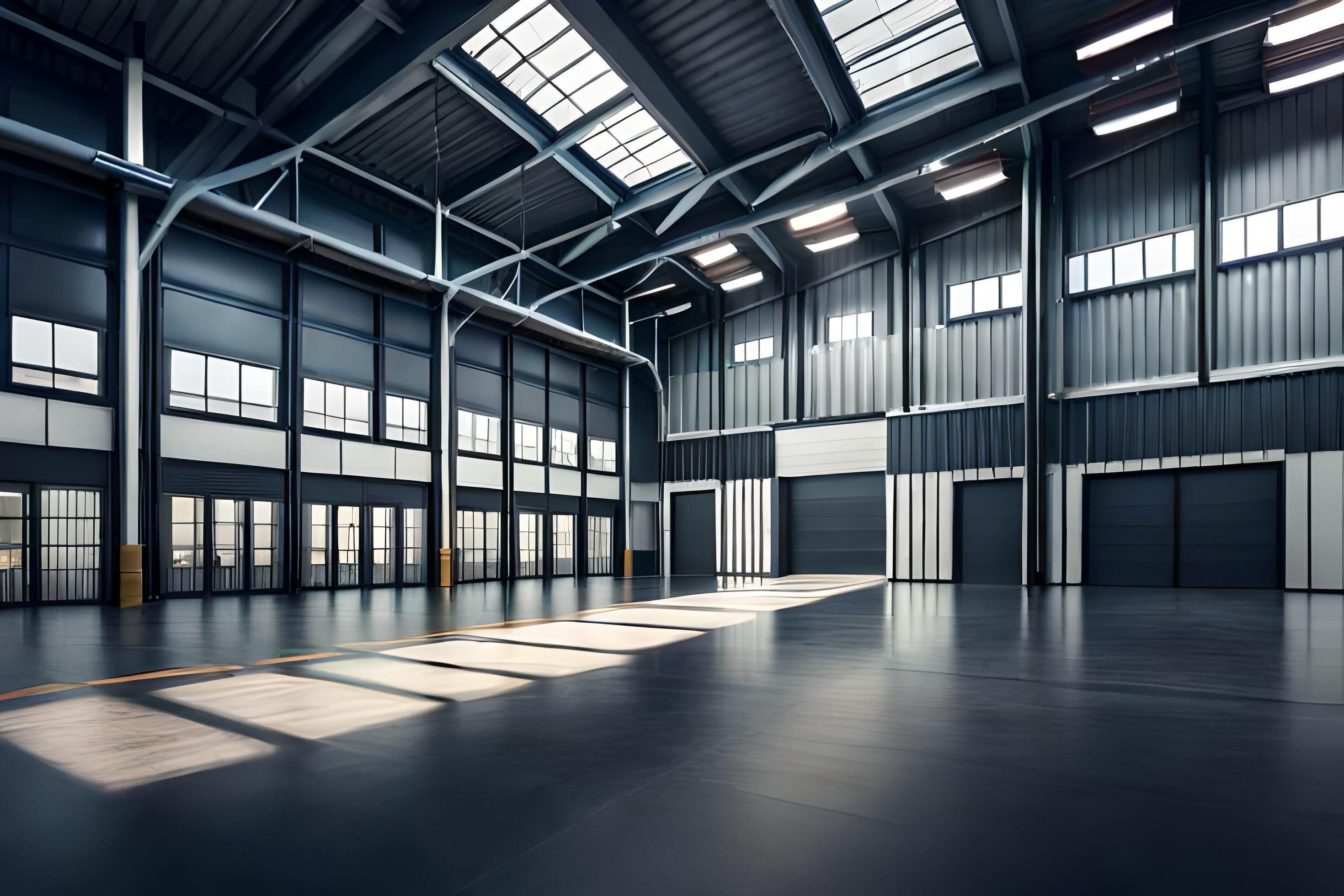 an empty warehouse with large windows and a large door. AI-Generated