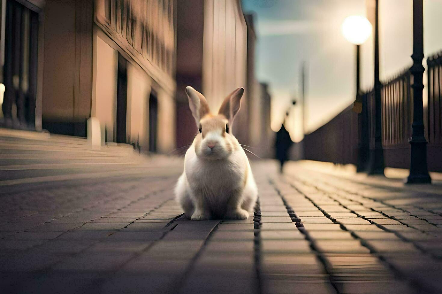 un Conejo es sentado en el calle en frente de un edificio. generado por ai foto