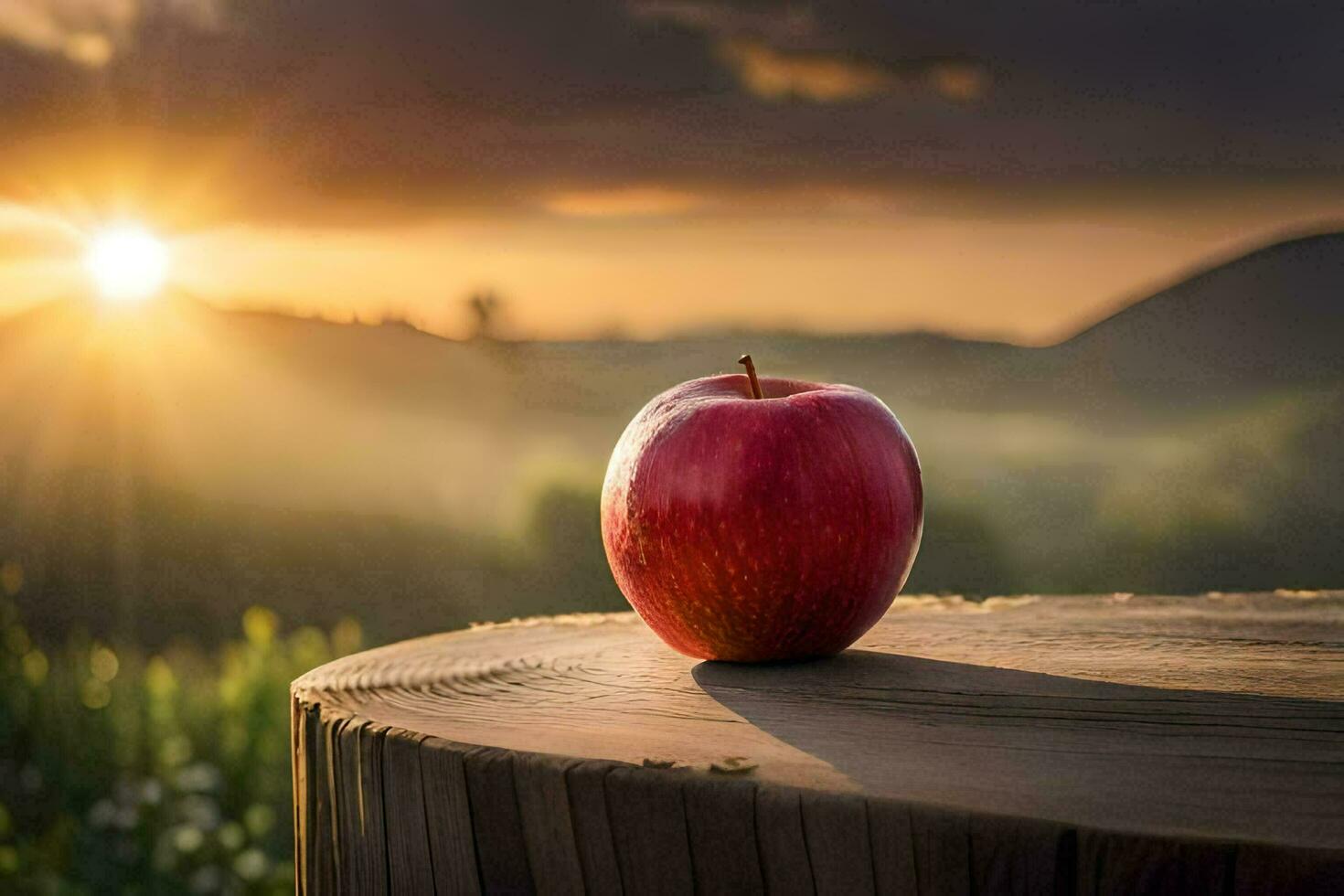 an apple sits on top of a stump in front of a sunset. AI-Generated photo