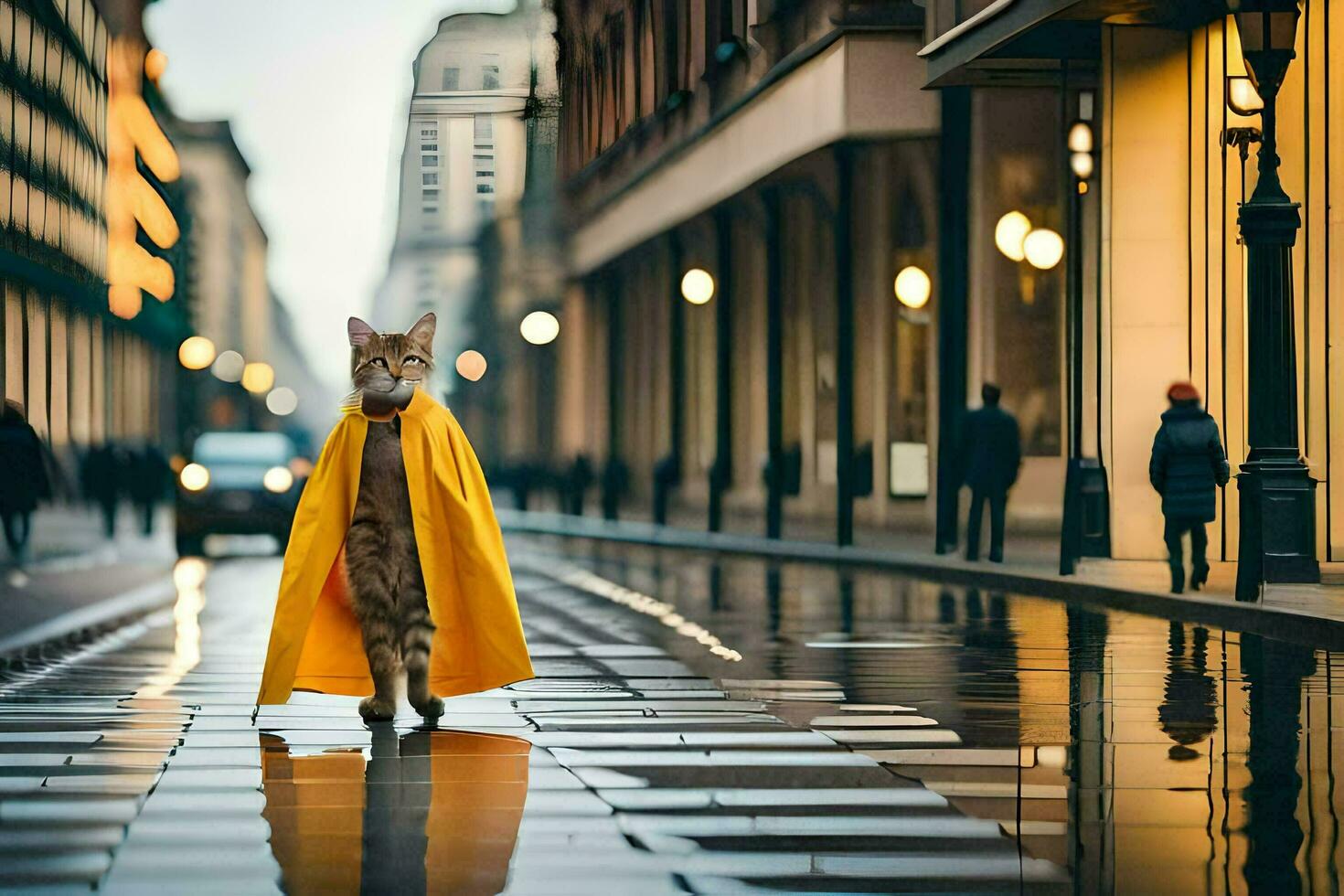 un gato en un amarillo capa caminando abajo un calle. generado por ai foto
