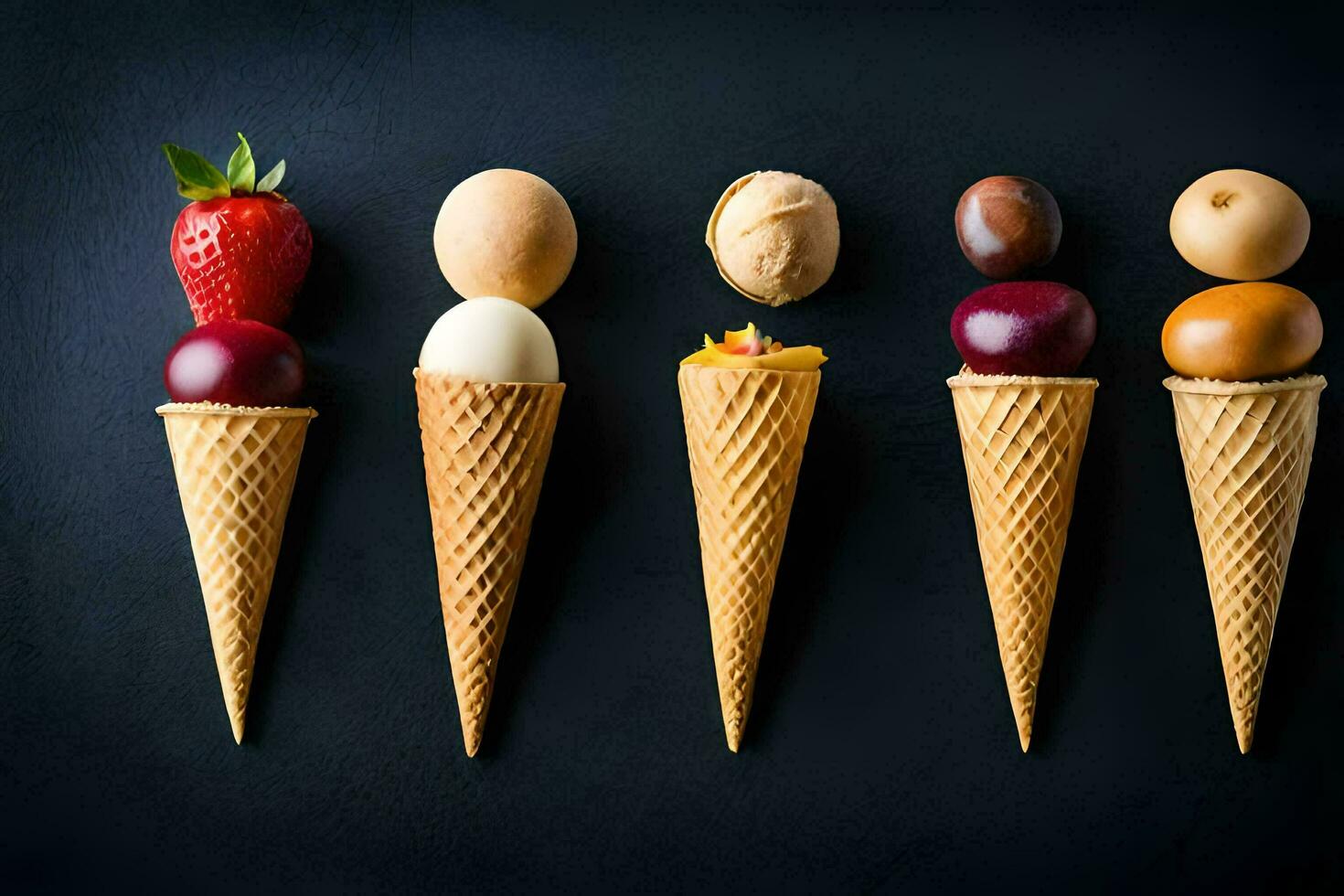 five ice cream cones with different types of food. AIGenerated