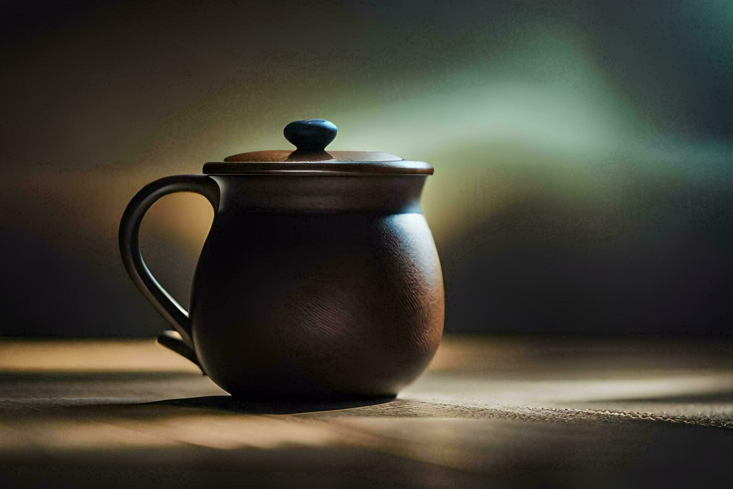 a brown teapot sitting on a wooden table. AI-Generated photo