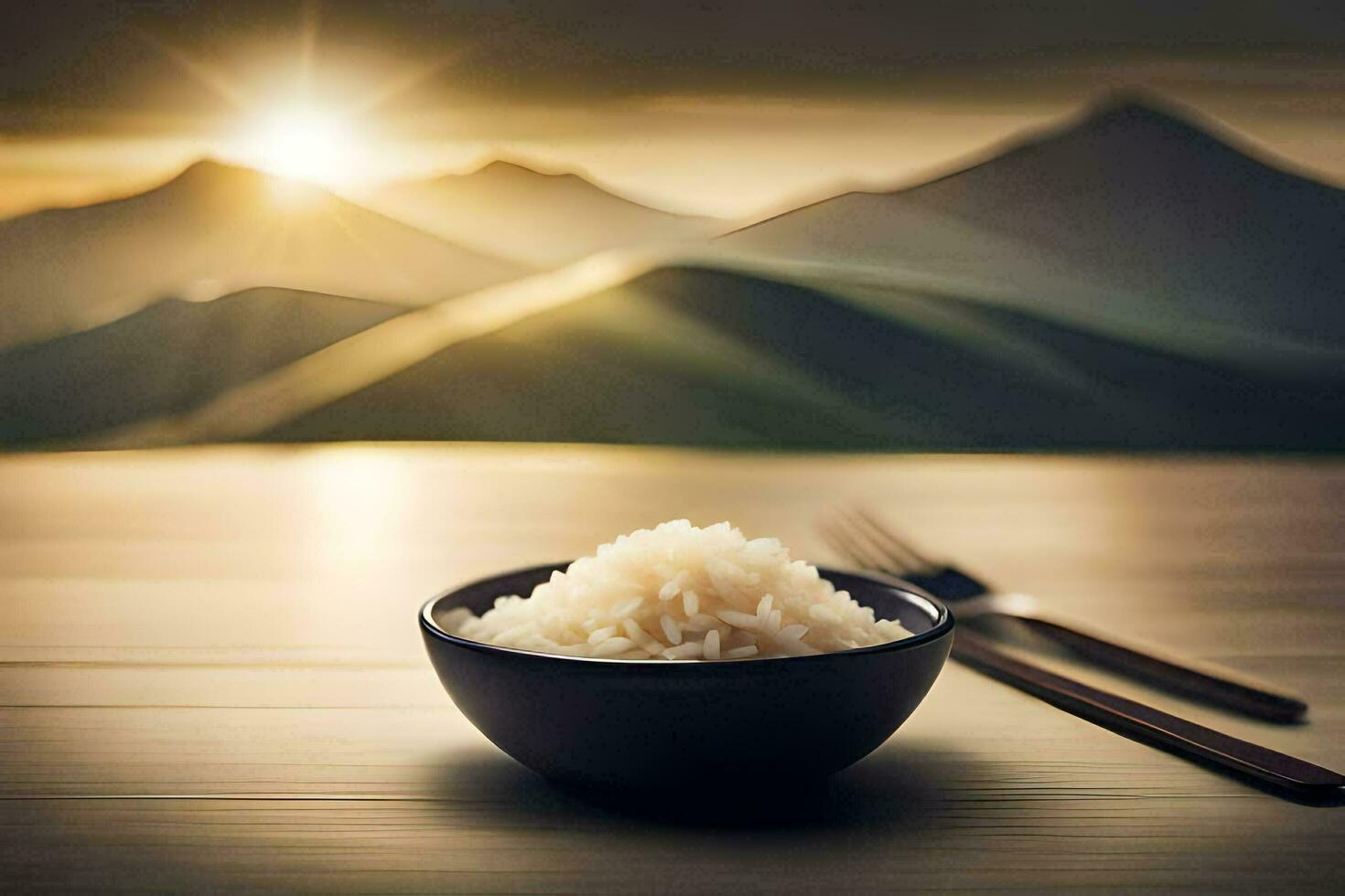 a bowl of rice and a fork on a wooden table. AI-Generated photo