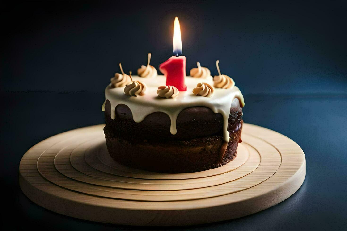 a chocolate birthday cake with a burning candle on top. AI-Generated photo