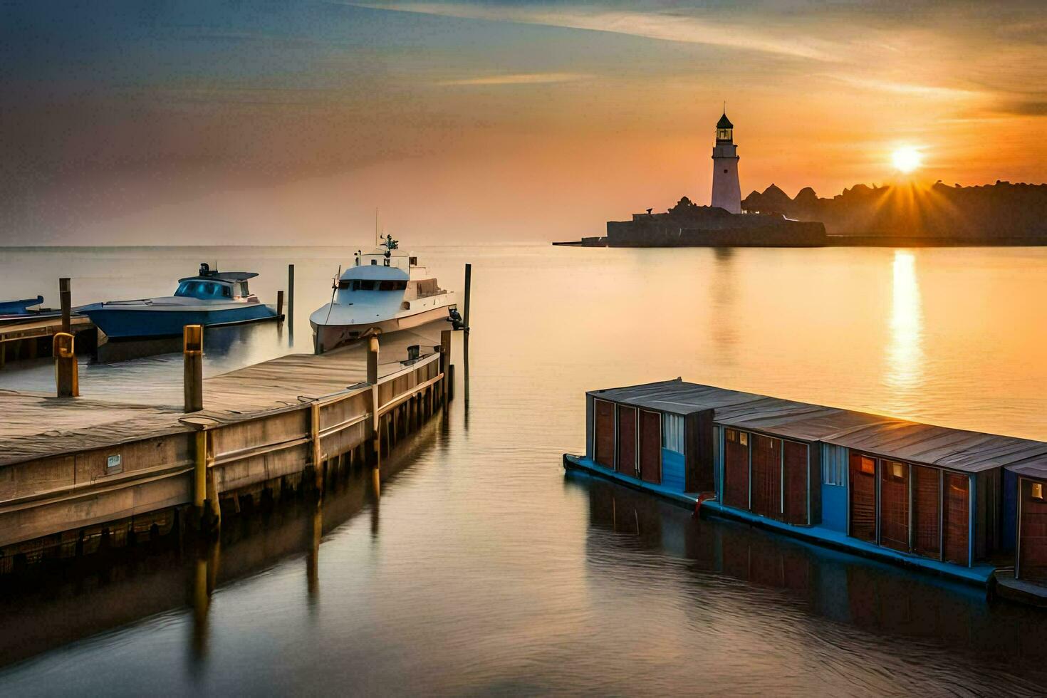 barcos atracado a el muelle a puesta de sol. generado por ai foto