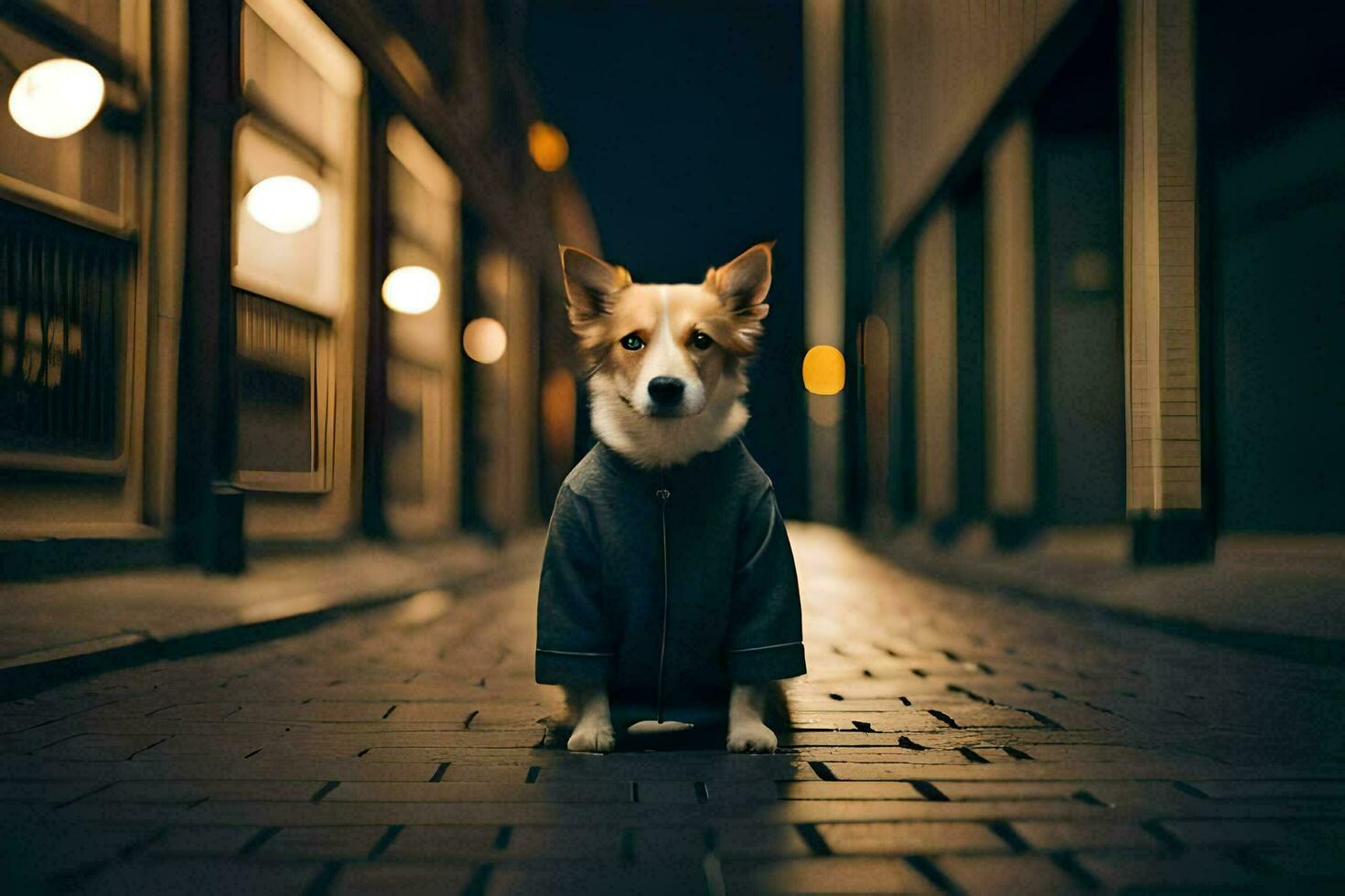 a dog in a hoodie standing on a cobblestone street. AI-Generated photo