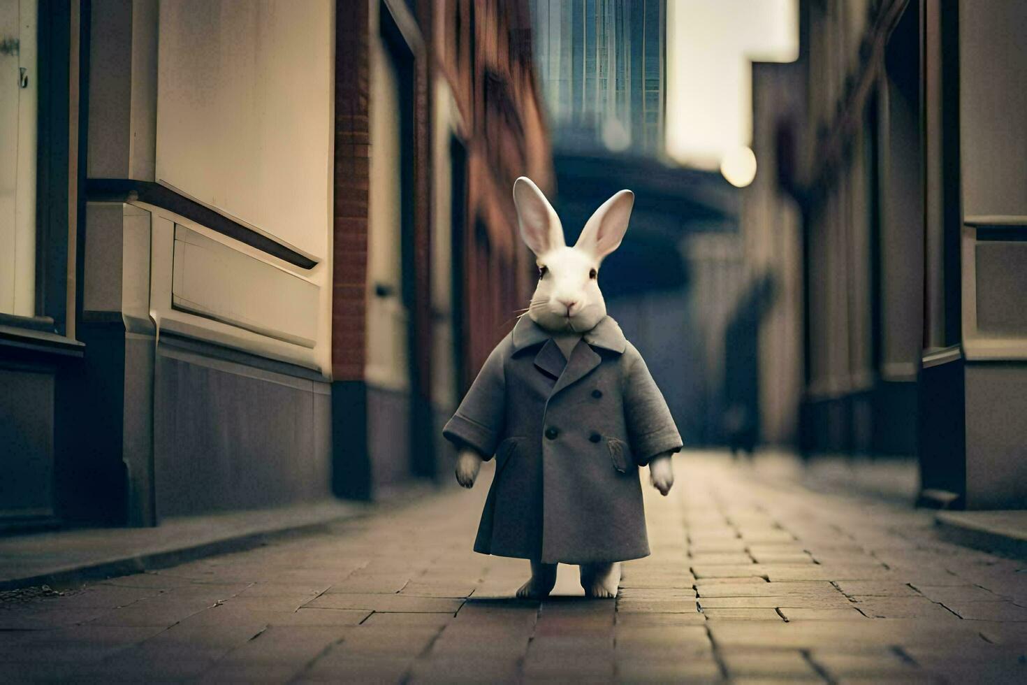 a rabbit dressed in a coat and tie walks down a street. AI-Generated photo