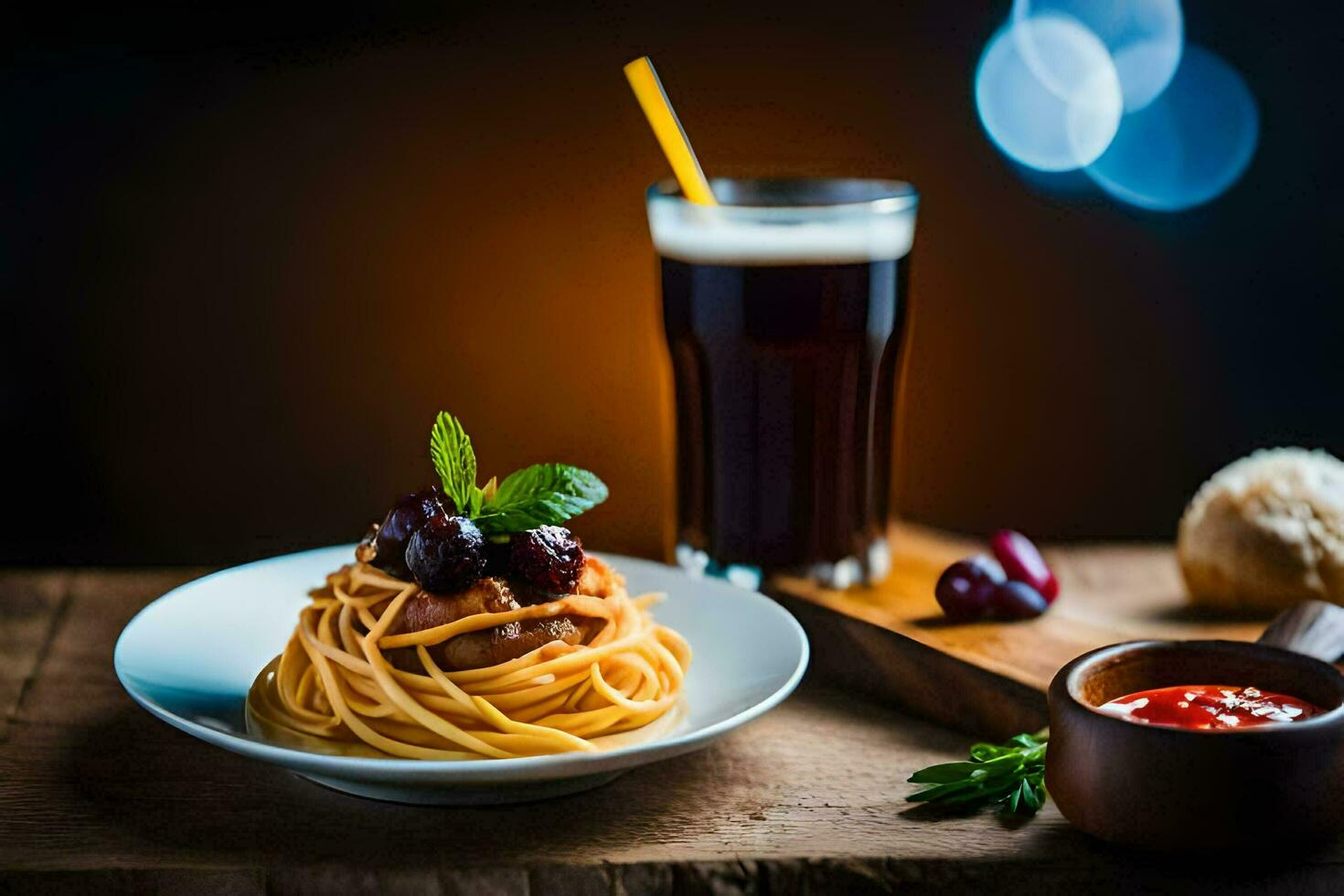 spaghetti with tomato sauce and olives on a wooden table. AI-Generated photo