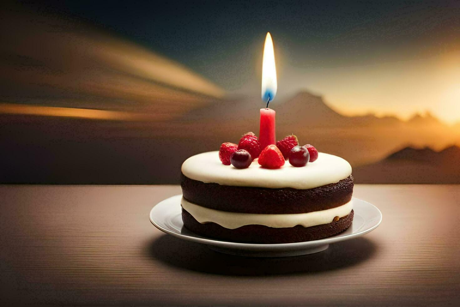 a birthday cake with a single candle on top. AI-Generated photo