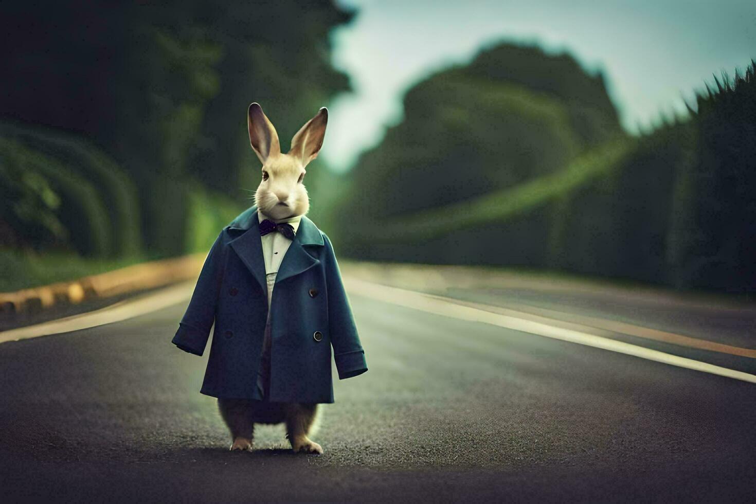 a rabbit wearing a suit and tie standing on the road. AI-Generated photo