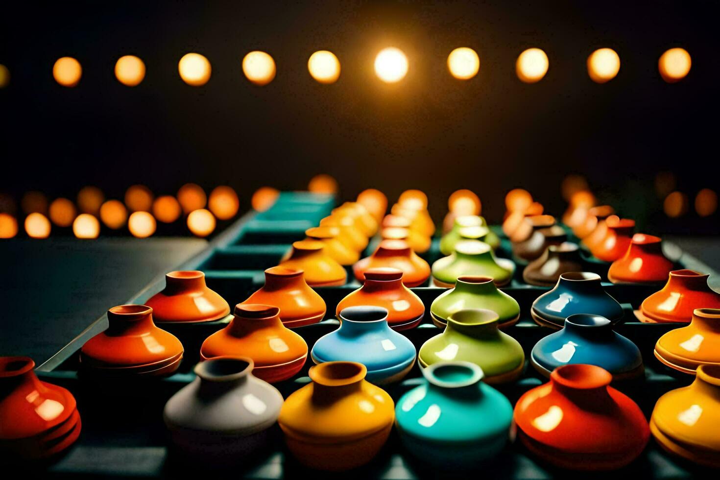colorful vases on a table with candles in the background. AI-Generated photo