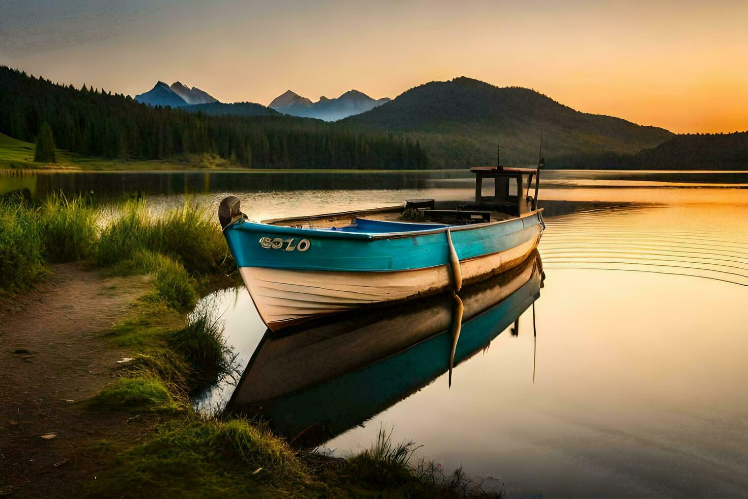 a boat sits on the shore of a lake at sunset. AI-Generated photo