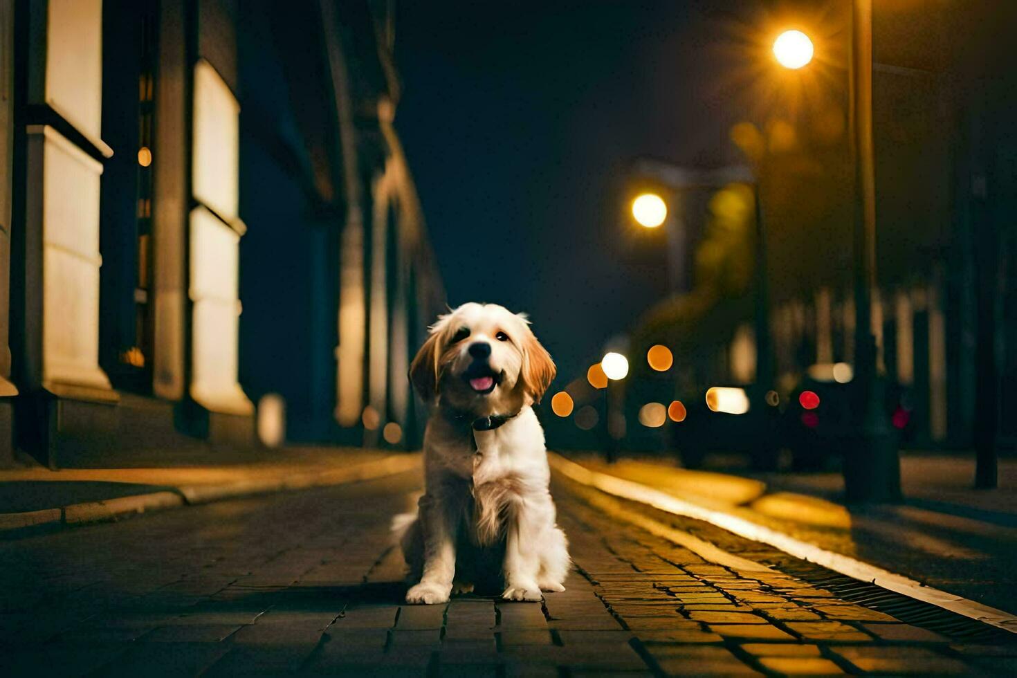 a dog sitting on the street at night. AI-Generated photo