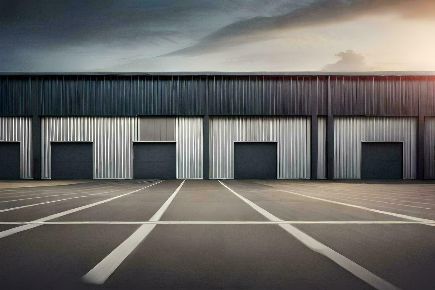 a large warehouse with two doors and a sky. AI-Generated photo