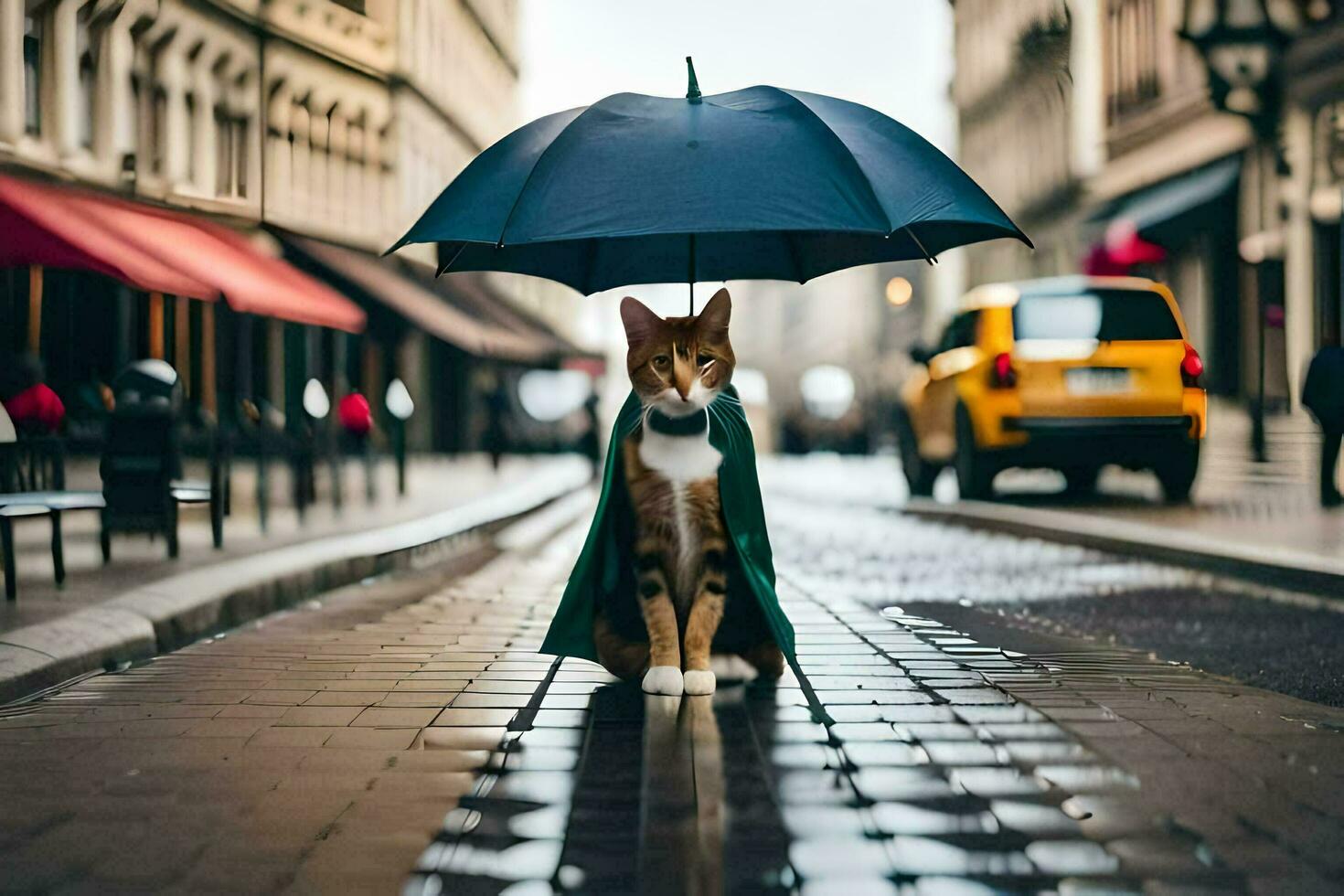 a cat in a raincoat. AI-Generated photo