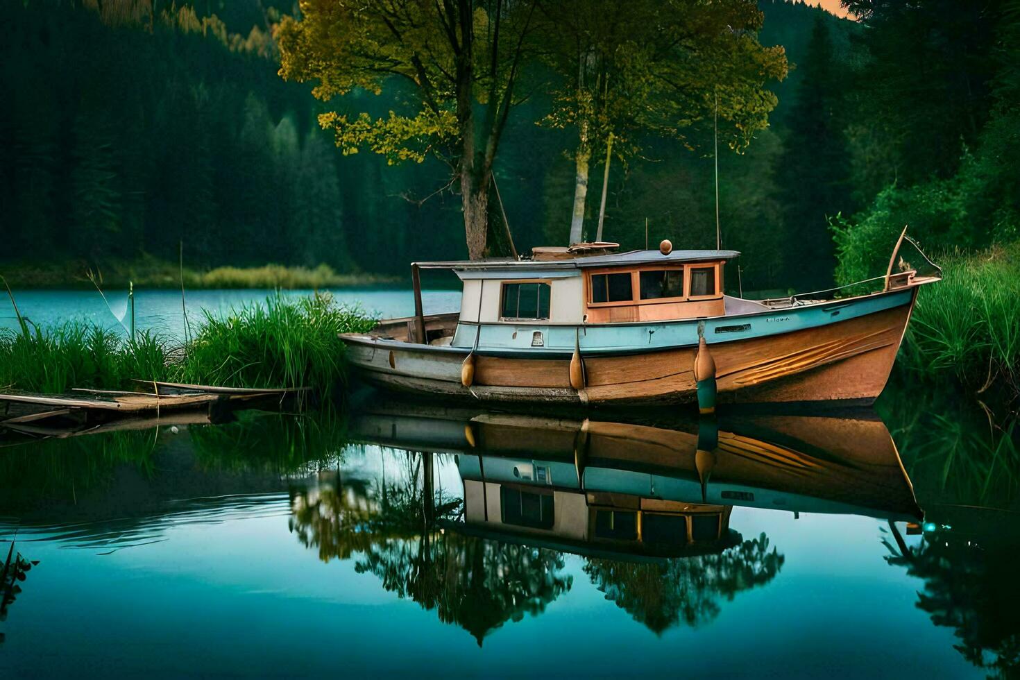 a boat docked on the water in a forest. AI-Generated photo