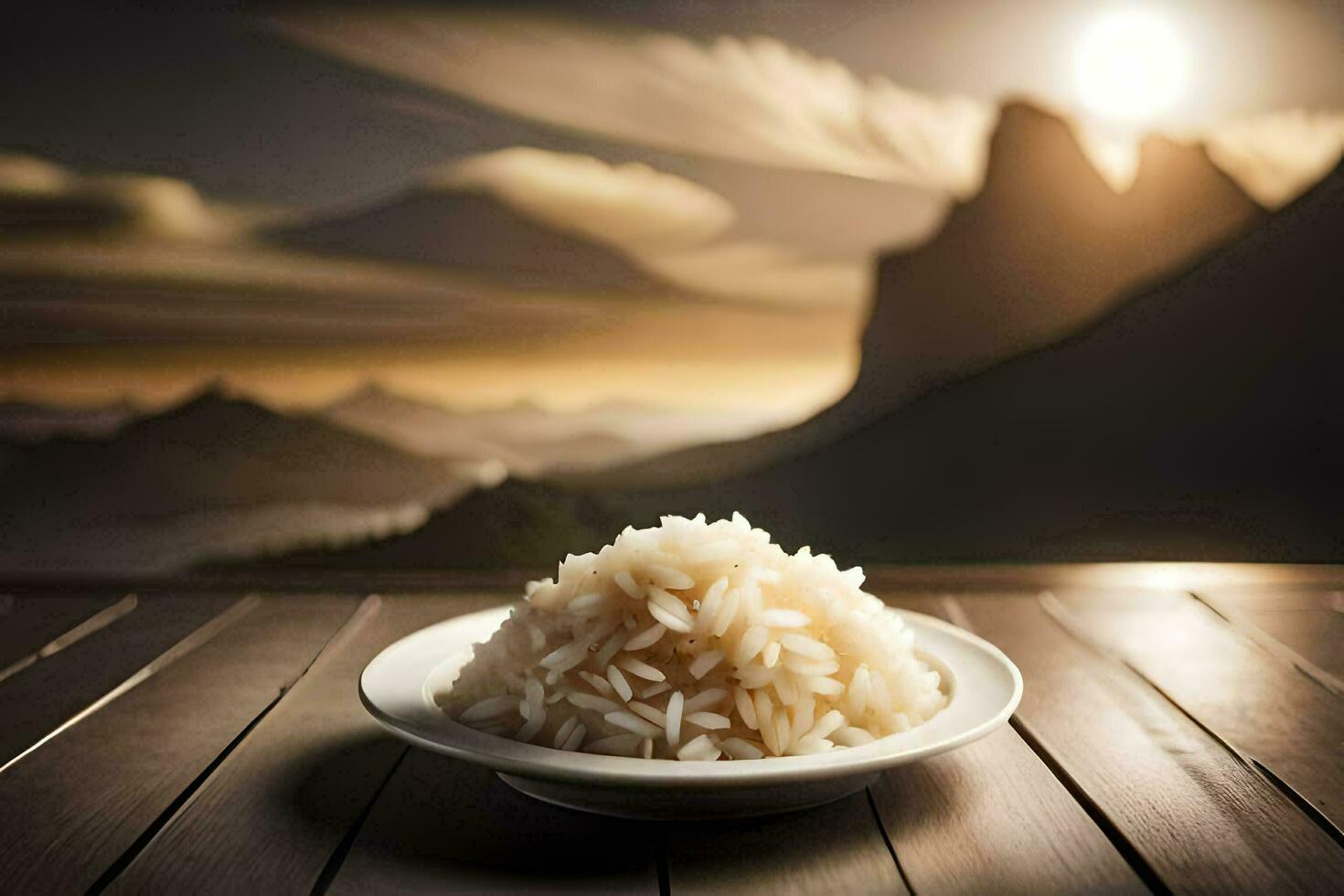 un cuenco de arroz en un mesa con montañas en el antecedentes. generado por ai foto