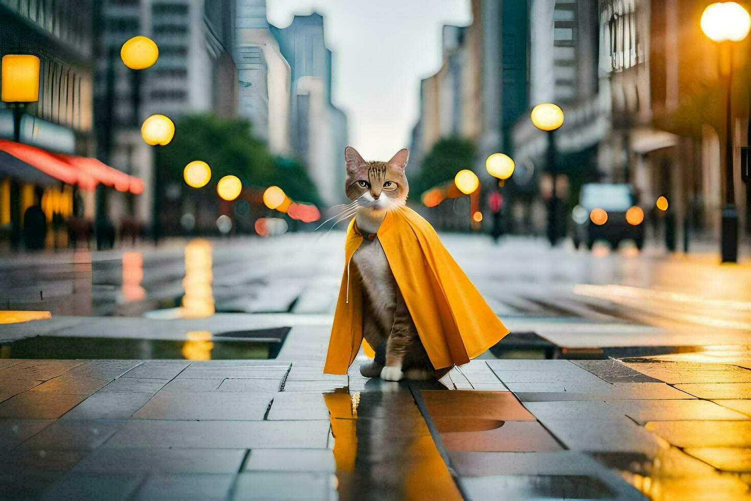 a cat wearing a yellow cape on a city street. AI-Generated photo