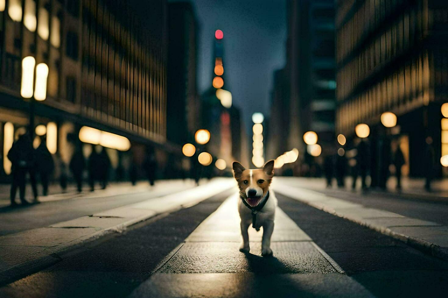 a dog walking down a city street at night. AI-Generated photo