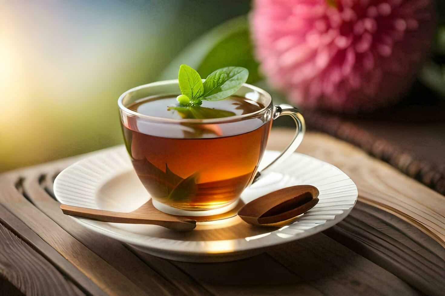 a cup of tea with mint leaves and a spoon on a wooden table. AI-Generated photo