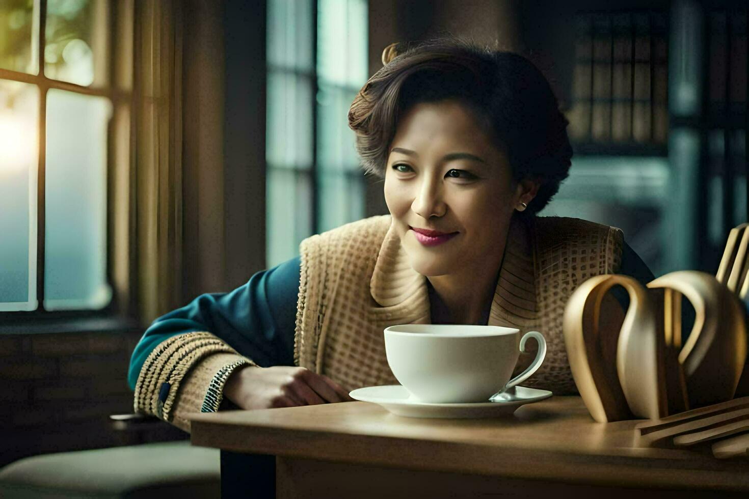 un mujer sentado a un mesa con un taza de café. generado por ai foto