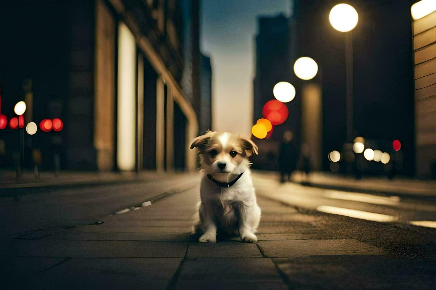 a small dog sitting on the street at night. AI-Generated photo