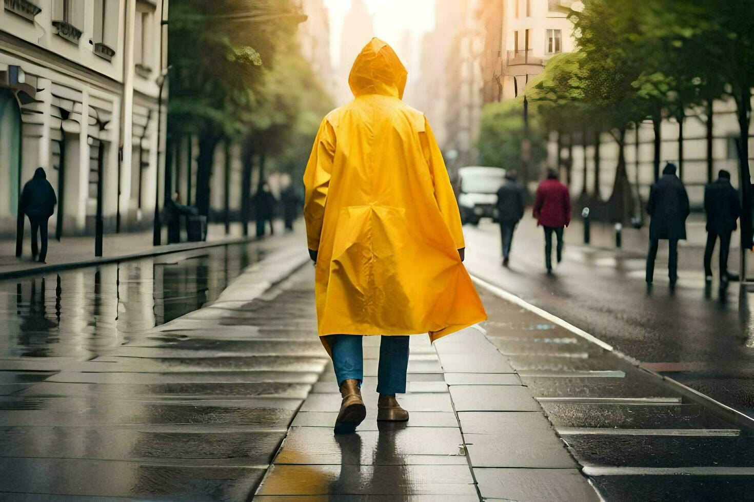 a person walking down a street in a yellow raincoat. AI-Generated photo