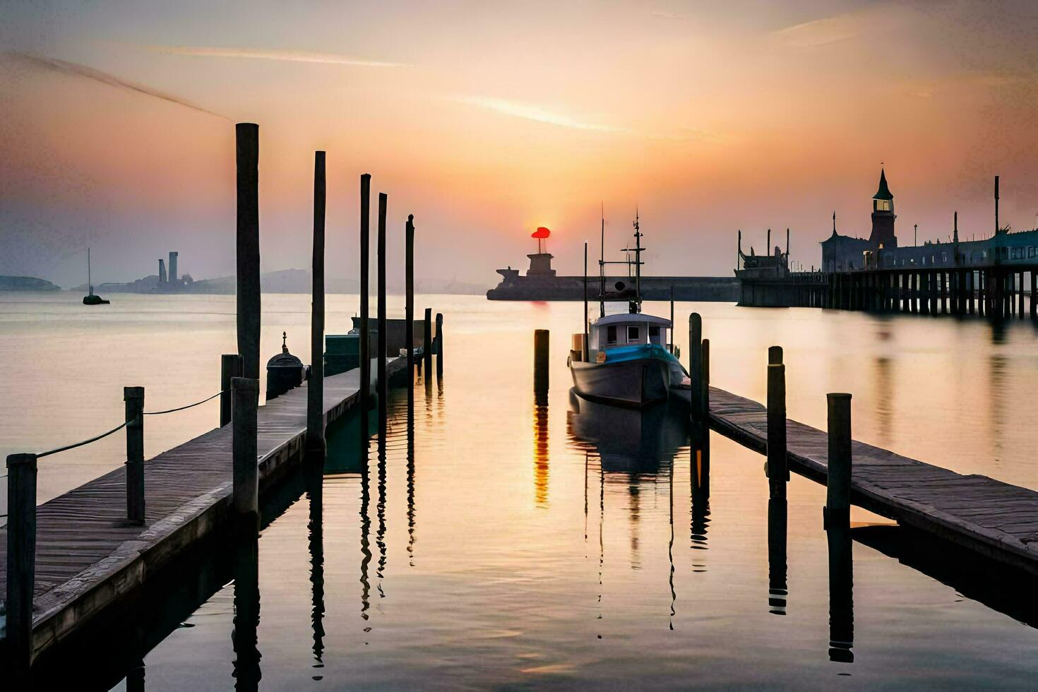 a boat is docked at the pier at sunset. AI-Generated photo