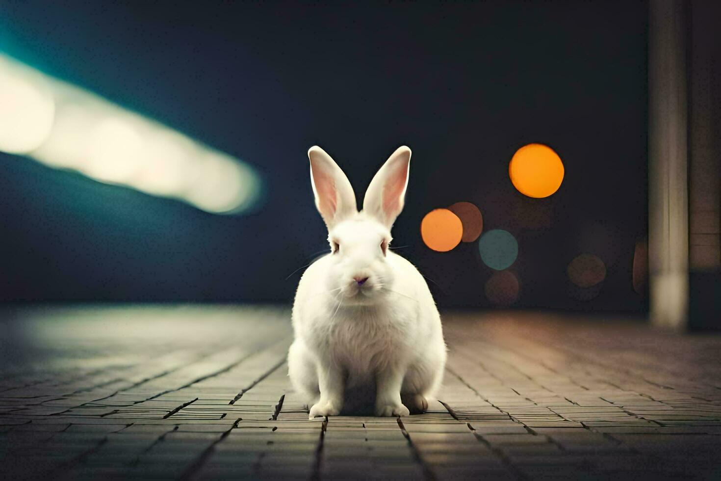 un blanco Conejo sentado en un ladrillo piso a noche. generado por ai foto