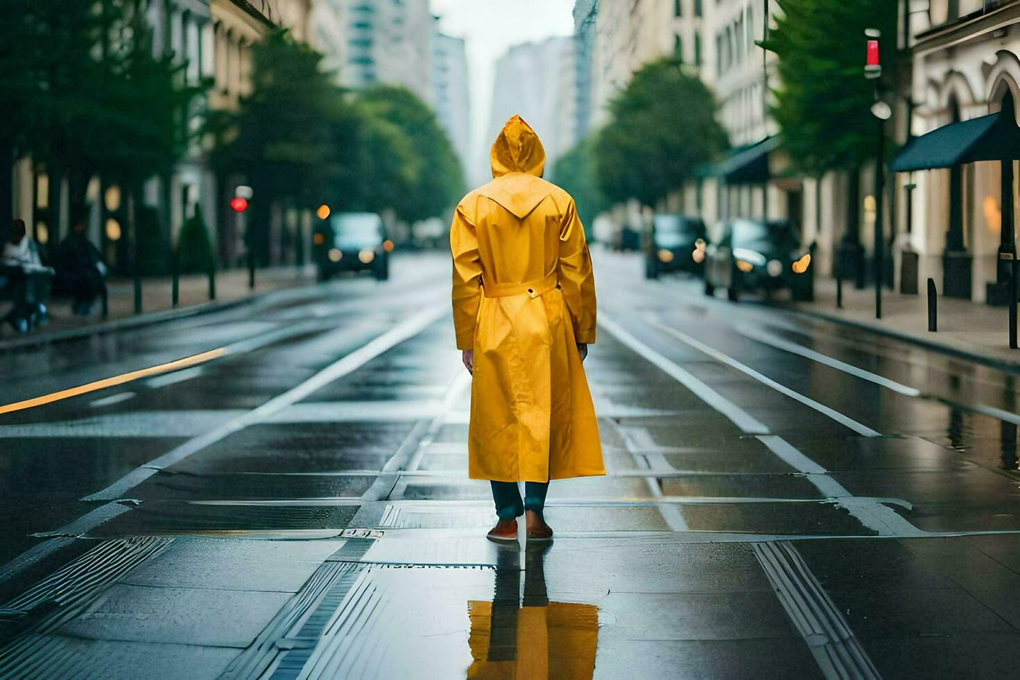 a person in a yellow raincoat standing on a wet street. AI-Generated photo