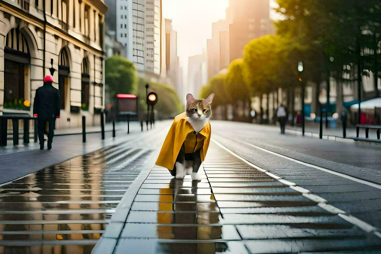 un gato vistiendo un amarillo impermeable caminando abajo un calle. generado por ai foto