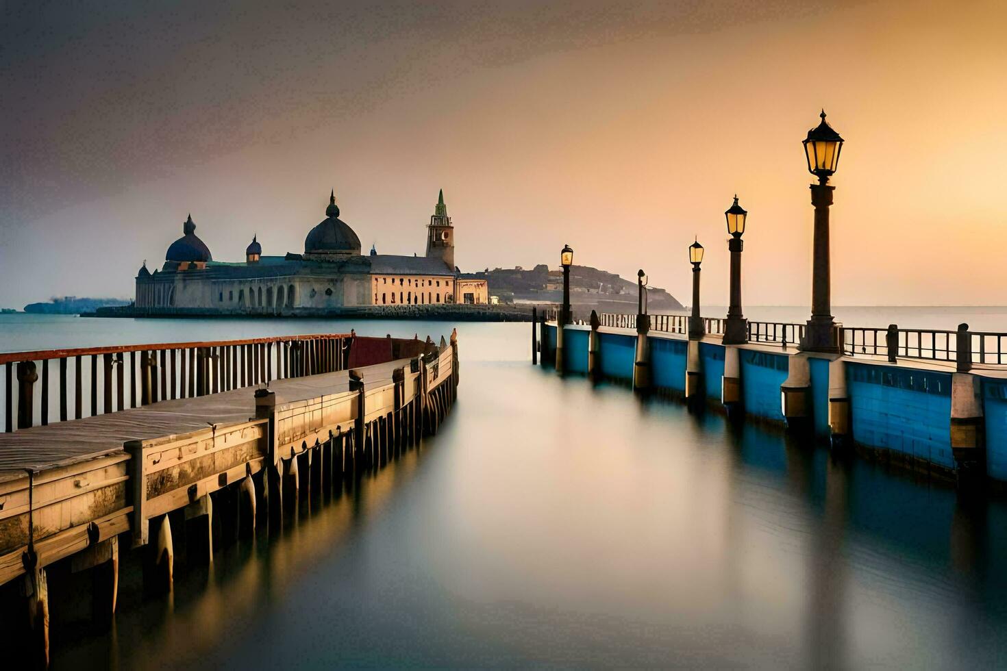 a pier with a church in the background. AI-Generated photo