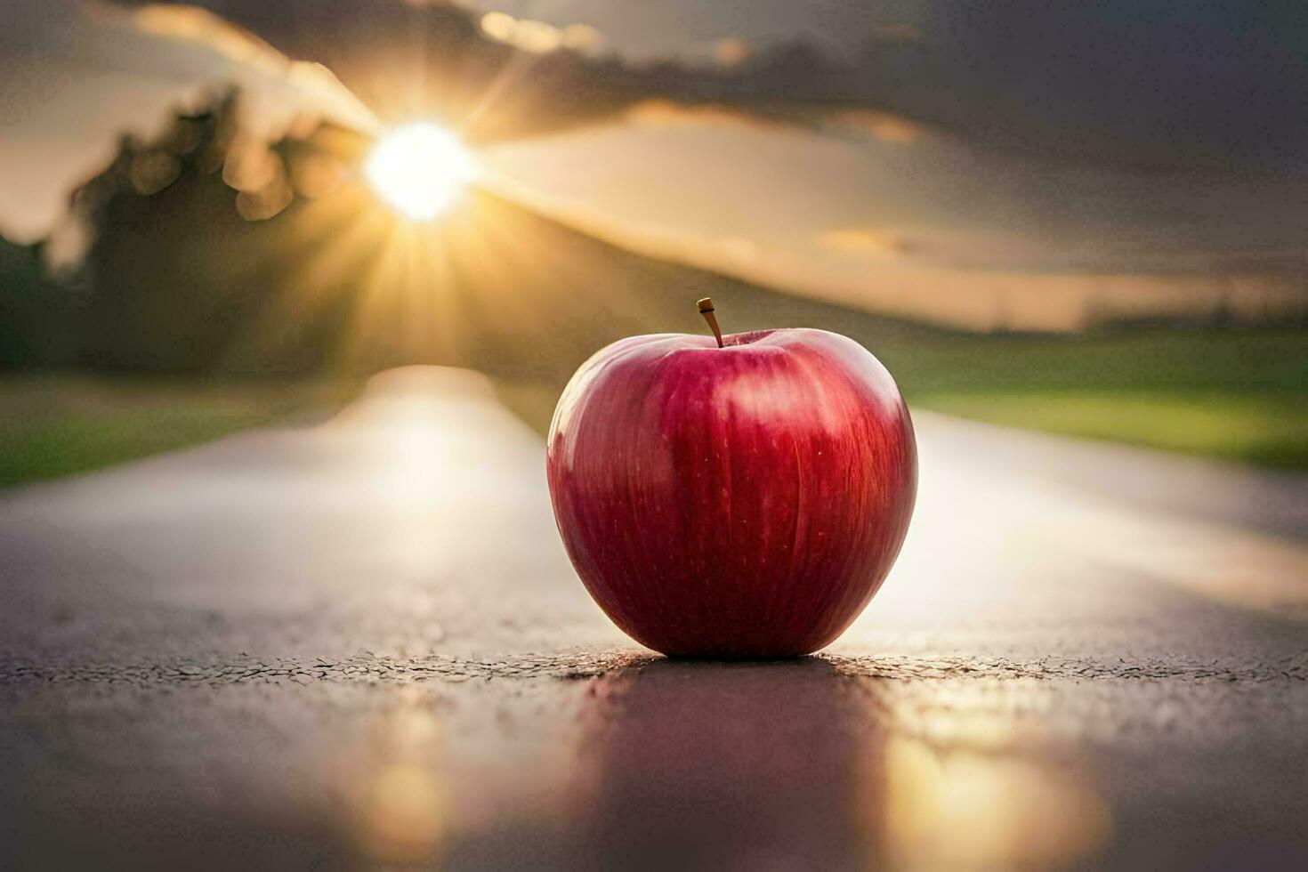 an apple is sitting on the road in front of the sun. AI-Generated photo