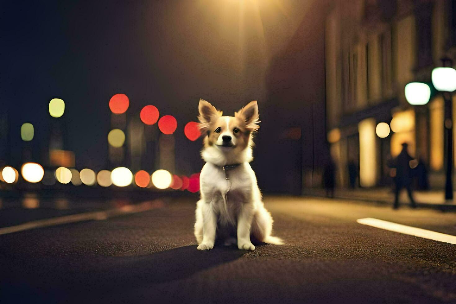 a dog sitting on the street at night. AI-Generated photo