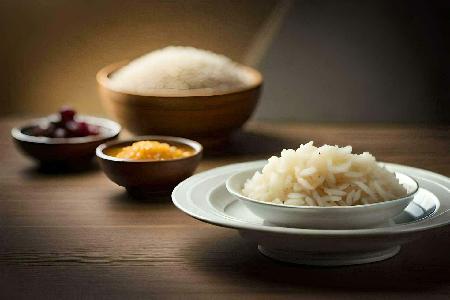 a bowl of rice and two bowls of rice on a table. AI-Generated photo