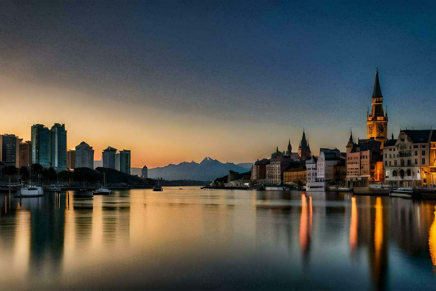 a city skyline at sunset with a river and buildings. AI-Generated photo