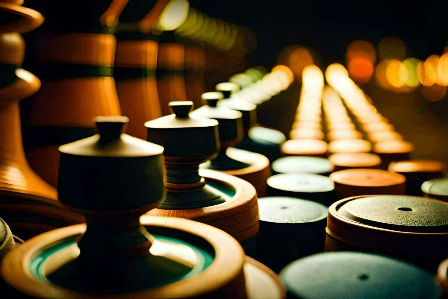 many wooden chess pieces are lined up in a row. AI-Generated photo