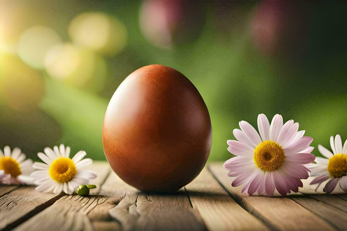 chocolate easter egg on wooden table with daisies. AI-Generated photo