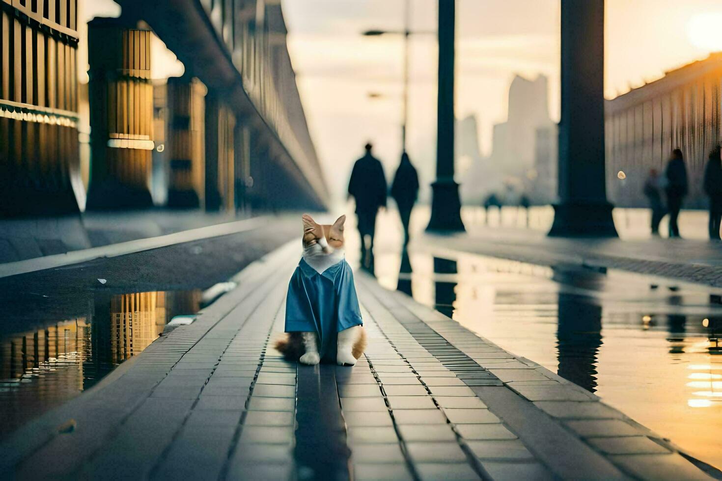 a cat in a blue shirt standing on a street. AI-Generated photo