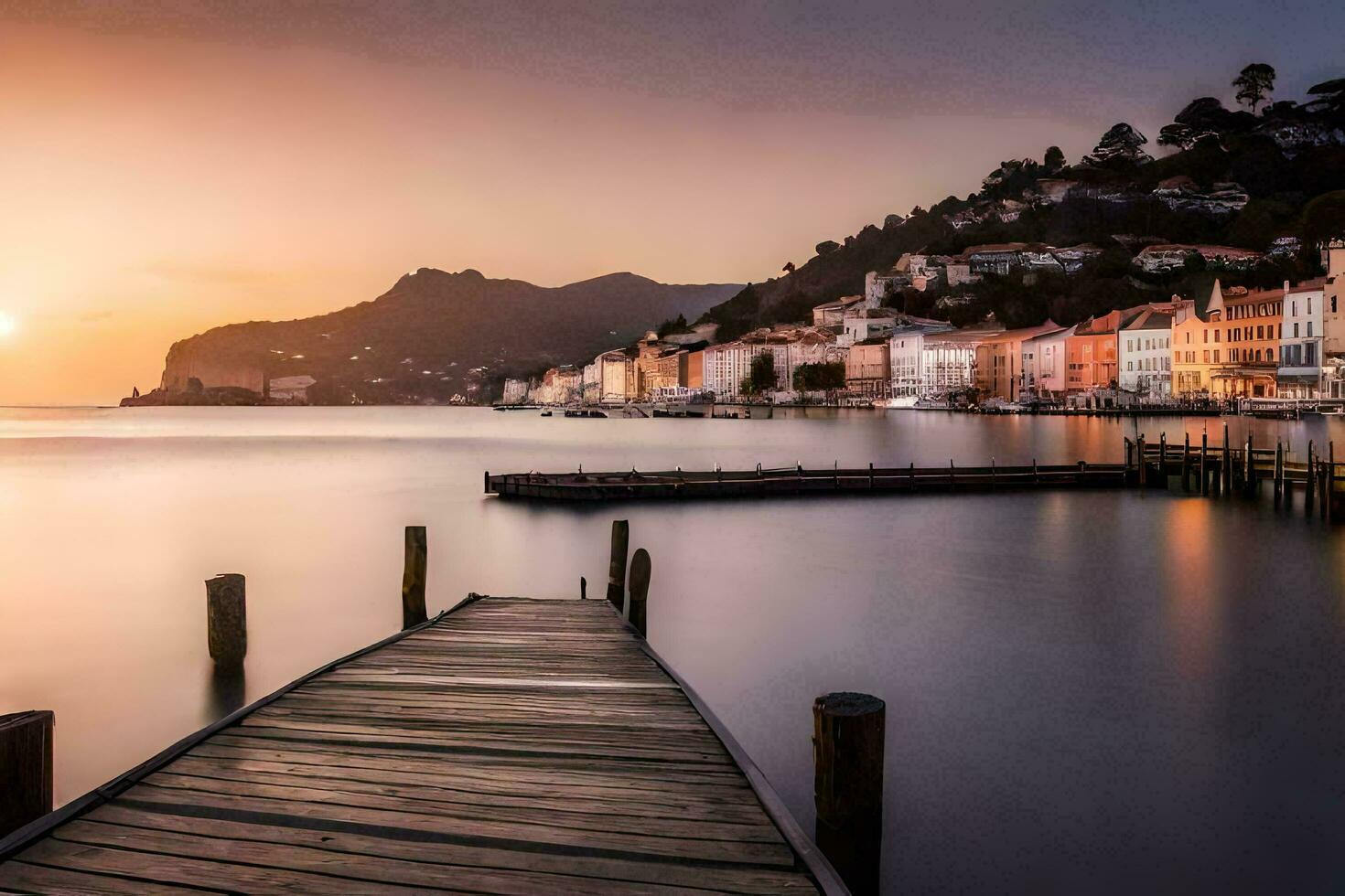 a pier in the water at sunset. AI-Generated photo