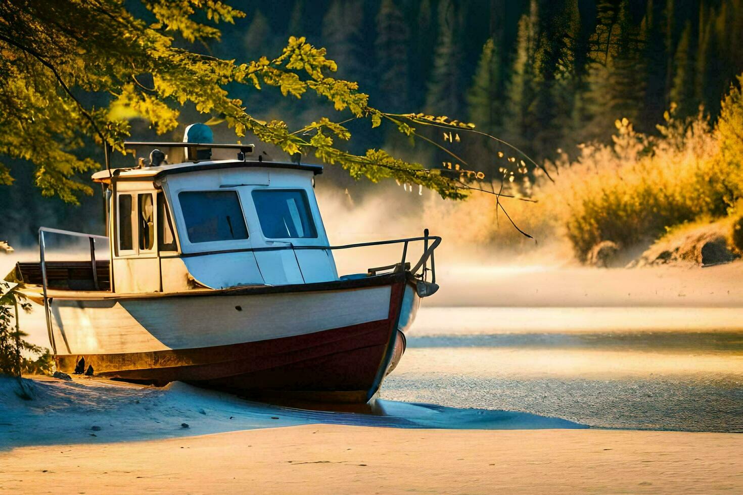 a boat sits on the shore of a river. AI-Generated photo