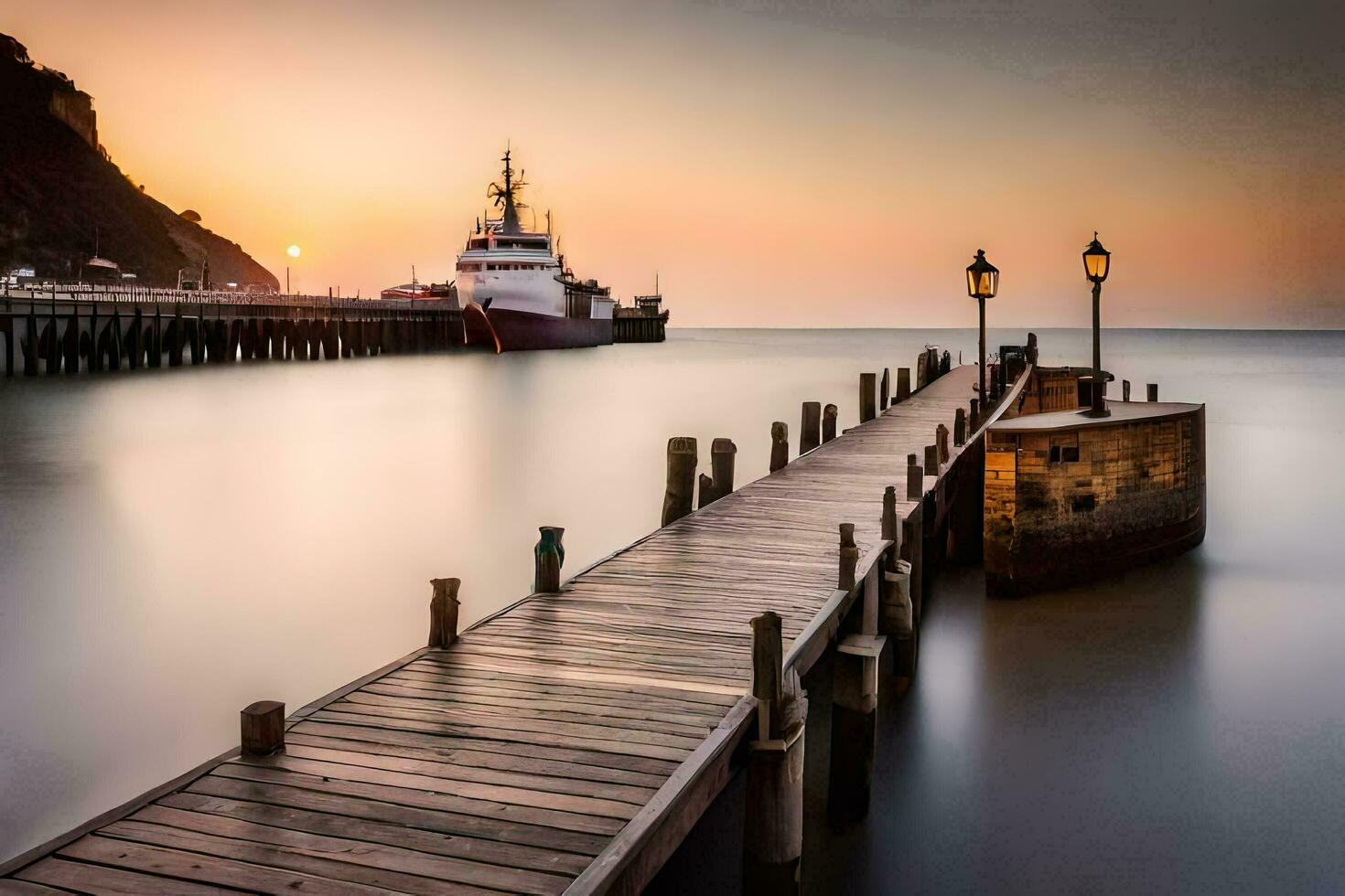 a pier with a boat at sunset. AI-Generated photo